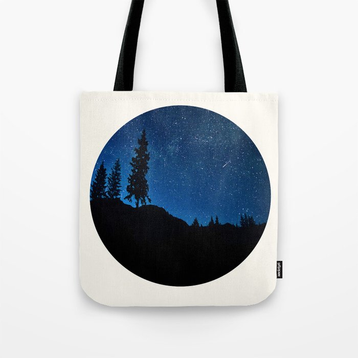 Mid Century Modern Round Circle Photo Blue Star Night Sky Pine Tree Silhouette Tote Bag Gallery Image 1