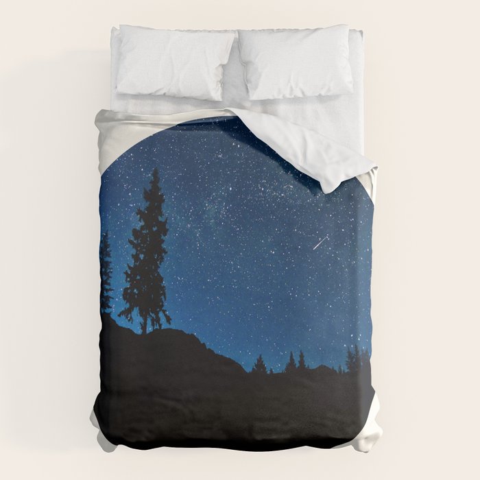 Mid Century Modern Round Circle Photo Blue Star Night Sky Pine Tree Silhouette Duvet Cover Gallery Image 6