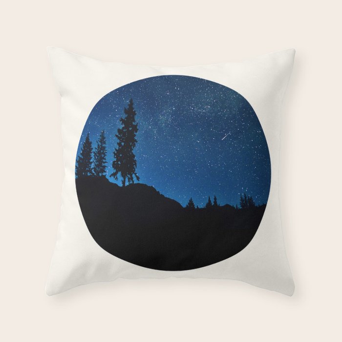 Mid Century Modern Round Circle Photo Blue Star Night Sky Pine Tree Silhouette Throw Pillow Gallery Image 6
