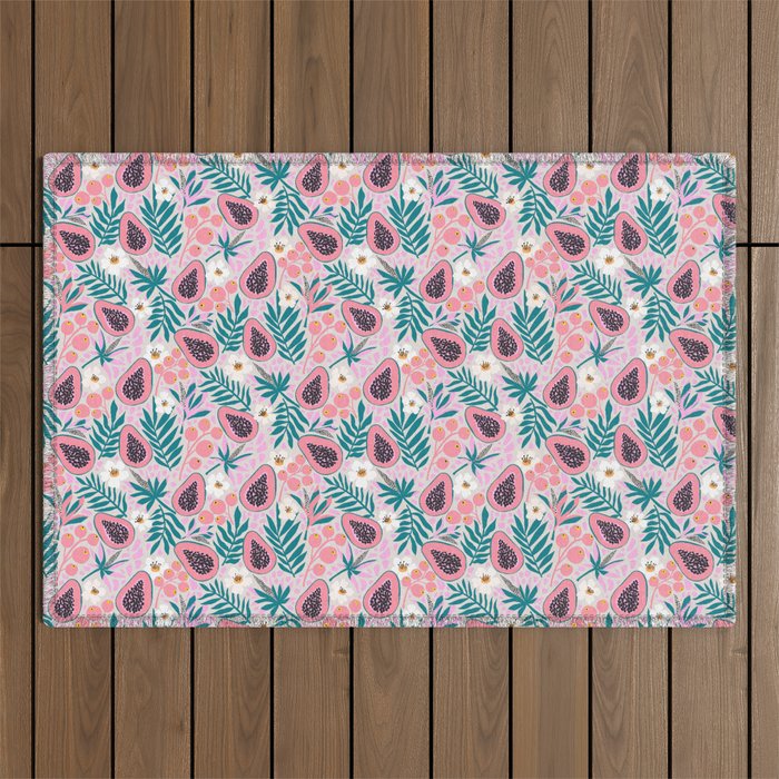 Tropical Pastel Papayas and Vibrant Palm Leaves Outdoor Rug Gallery Image 1
