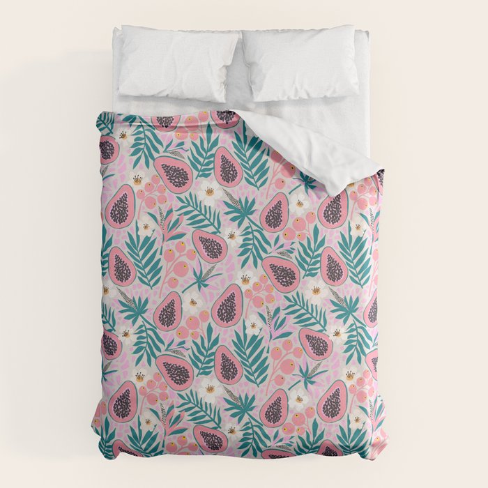 Tropical Pastel Papayas and Vibrant Palm Leaves Duvet Cover Gallery Image 1
