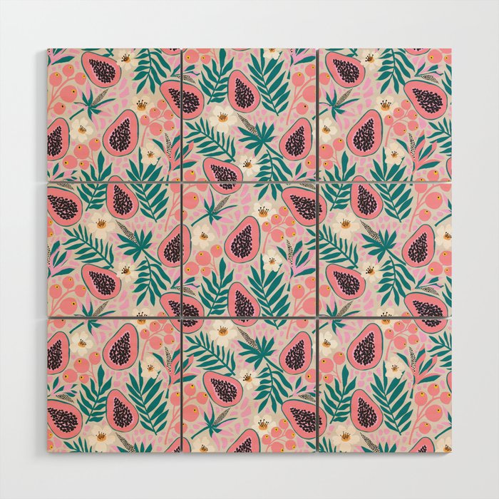 Tropical Pastel Papayas and Vibrant Palm Leaves Wood Wall Art Gallery Image 1