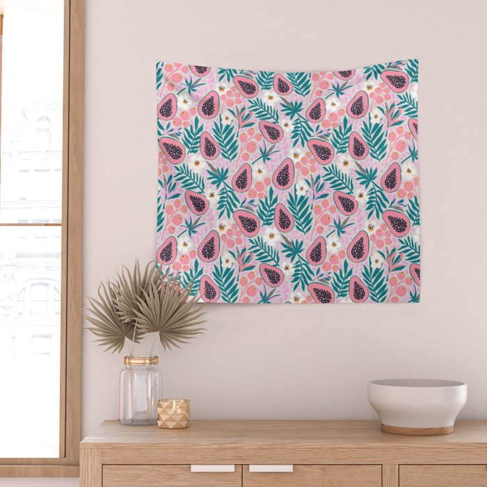 Tropical Pastel Papayas and Vibrant Palm Leaves Wall Tapestry Gallery Image 2