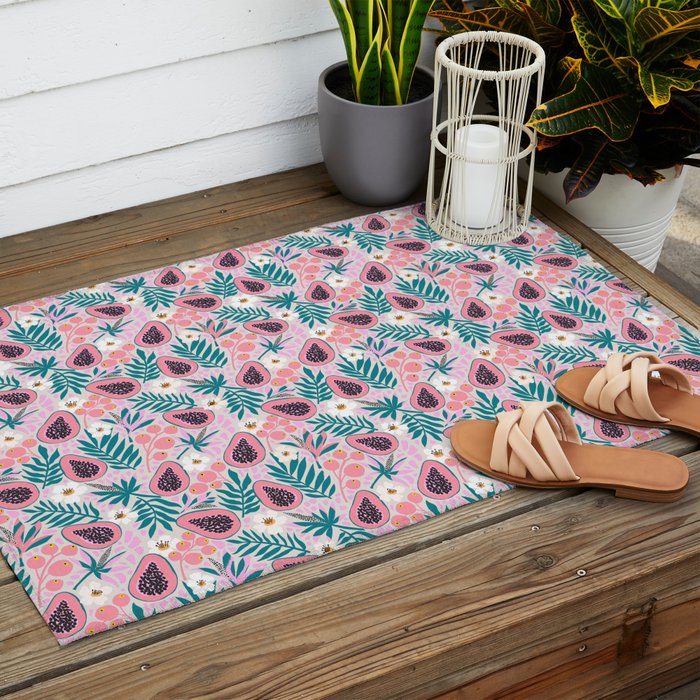 Tropical Pastel Papayas and Vibrant Palm Leaves Outdoor Rug Gallery Image 2