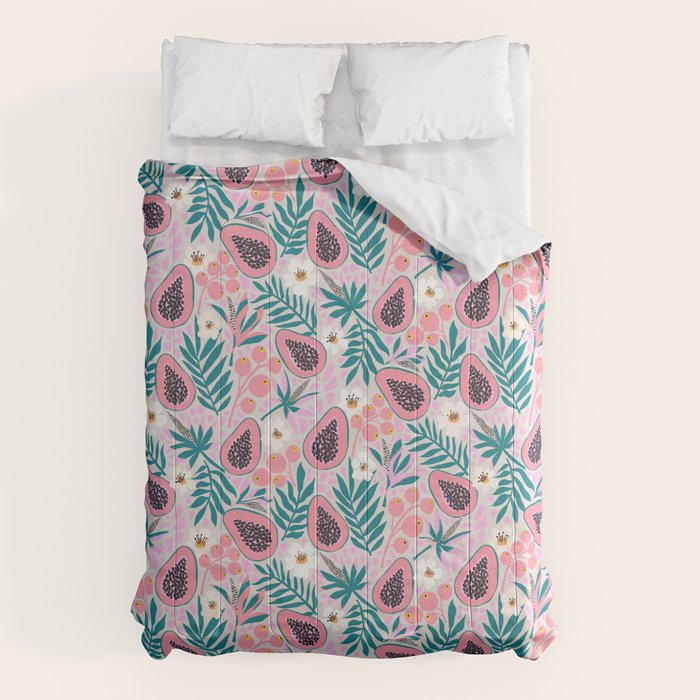 Tropical Pastel Papayas and Vibrant Palm Leaves Comforter Gallery Image 1