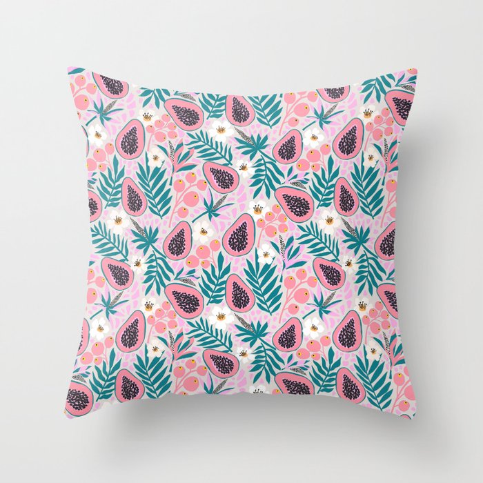 Tropical Pastel Papayas and Vibrant Palm Leaves Throw Pillow Gallery Image 6