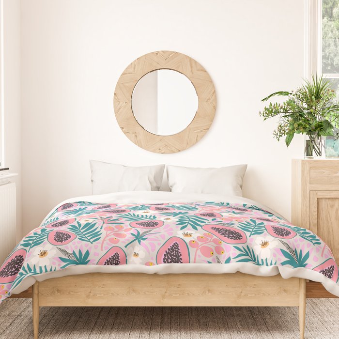 Tropical Pastel Papayas and Vibrant Palm Leaves Duvet Cover Gallery Image 3