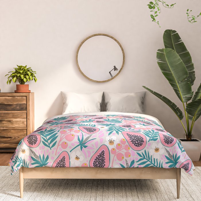 Tropical Pastel Papayas and Vibrant Palm Leaves Comforter Gallery Image 3