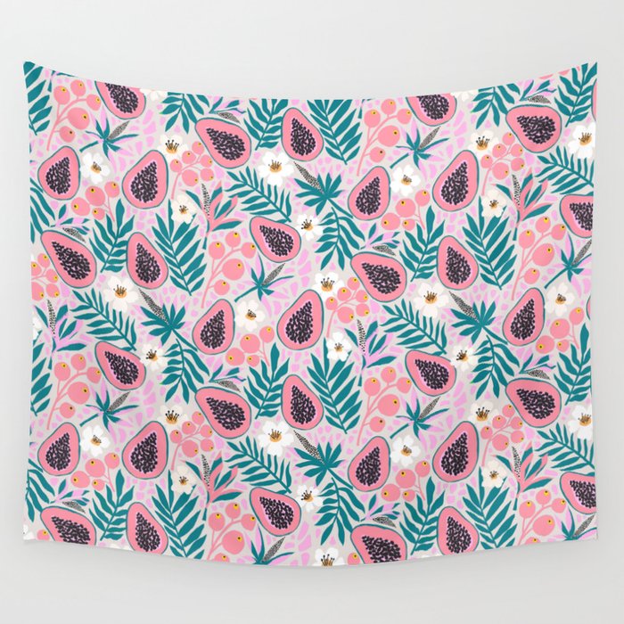 Tropical Pastel Papayas and Vibrant Palm Leaves Wall Tapestry Gallery Image 1