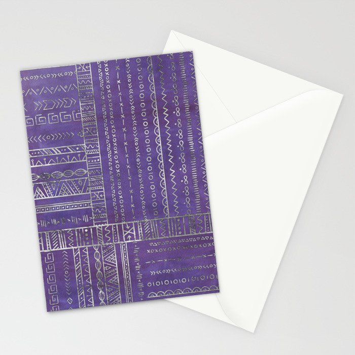Tribal Ethnic pattern silver on  purple Stationery Card Gallery Image 2