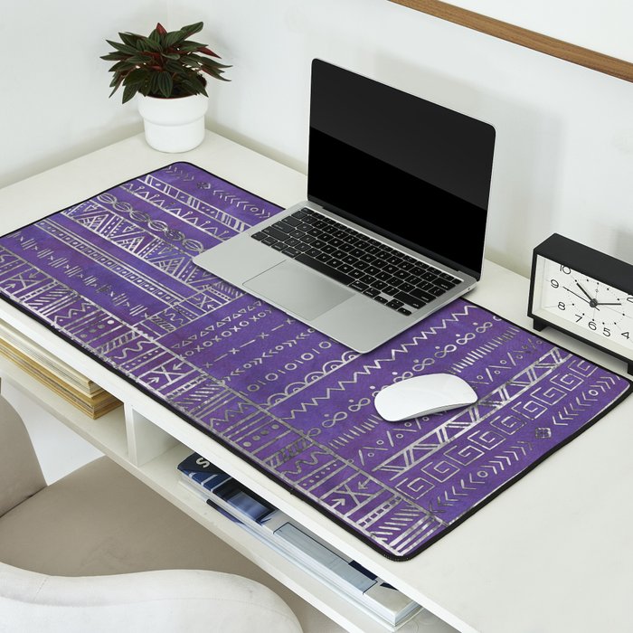 Tribal Ethnic pattern silver on  purple Desk Mat Gallery Image 2