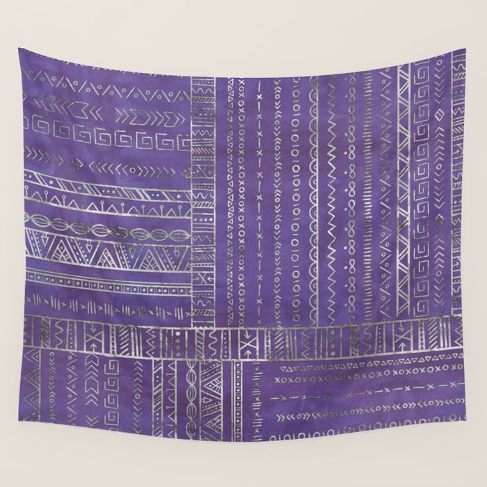 Tribal Ethnic pattern silver on  purple Wall Tapestry Gallery Image 1
