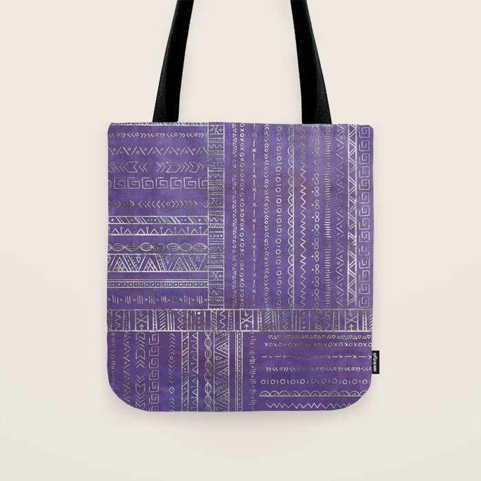 Tribal Ethnic pattern silver on  purple Tote Bag Gallery Image 1