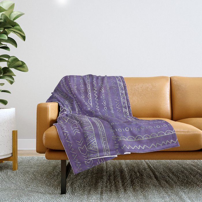 Tribal Ethnic pattern silver on  purple Throw Blanket Gallery Image 1