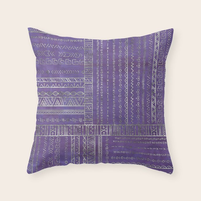 Tribal Ethnic pattern silver on  purple Throw Pillow Gallery Image 1