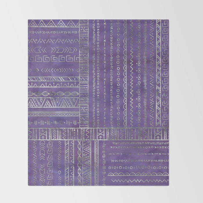 Tribal Ethnic pattern silver on  purple Throw Blanket Gallery Image 2