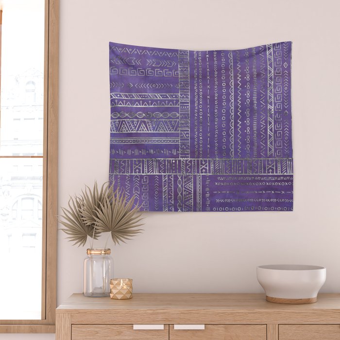 Tribal Ethnic pattern silver on  purple Wall Tapestry Gallery Image 2