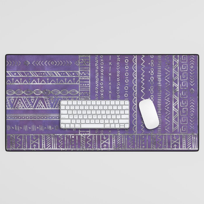 Tribal Ethnic pattern silver on  purple Desk Mat Gallery Image 1