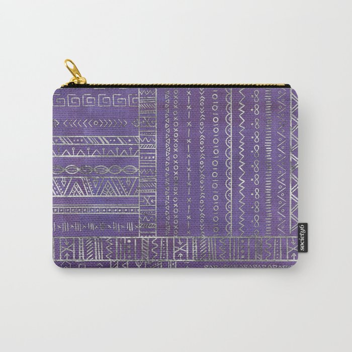 Tribal Ethnic pattern silver on  purple Carry All Pouch Gallery Image 1