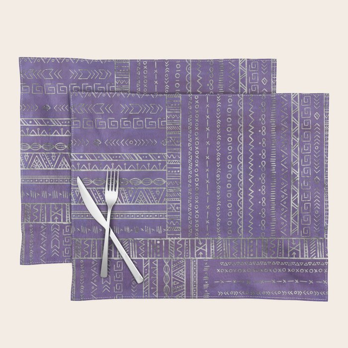 Tribal Ethnic pattern silver on  purple Placemat Gallery Image 1