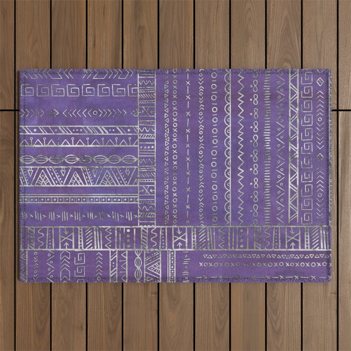 Tribal Ethnic pattern silver on  purple Outdoor Rug Gallery Image 1