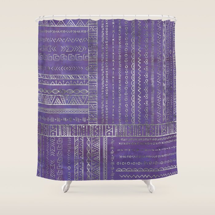 Tribal Ethnic pattern silver on  purple Shower Curtain Gallery Image 1