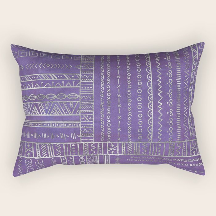 Tribal Ethnic pattern silver on  purple Rectangular Pillow Gallery Image 2