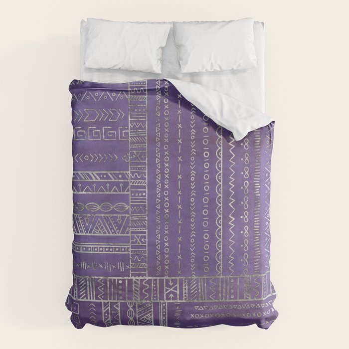 Tribal Ethnic pattern silver on  purple Duvet Cover Gallery Image 1
