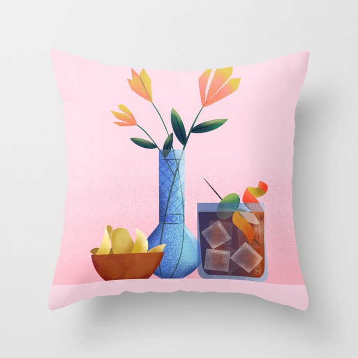 Vermouth and Flowers Still Life  Throw Pillow Gallery Image 1