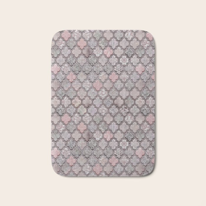 Vintage Moroccan Tiles Grey, Blush And Smoke Pink Bath Mat Gallery Image 1