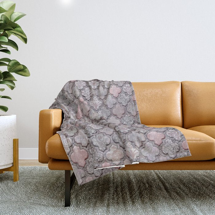 Vintage Moroccan Tiles Grey, Blush And Smoke Pink Throw Blanket Gallery Image 1