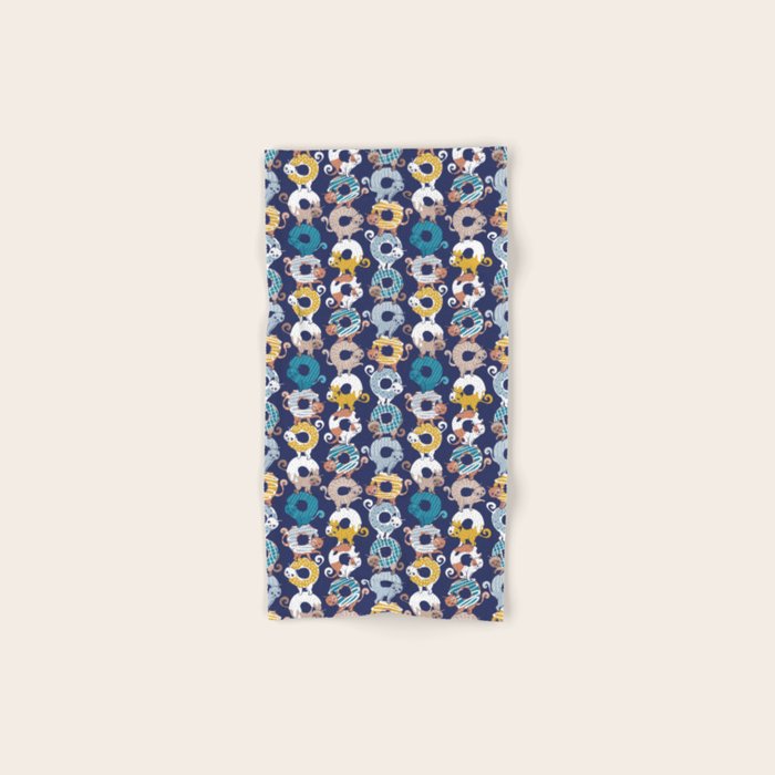 Cats Donut Care // blue background goldenrod yellow mustard, teal pastel blue and brown sweet kitties Bath Towel Gallery Image 1
