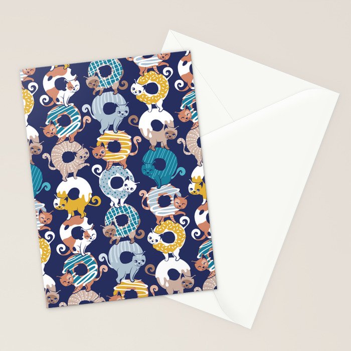 Cats Donut Care // blue background goldenrod yellow mustard, teal pastel blue and brown sweet kitties Stationery Card Gallery Image 2