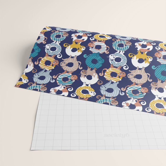 Cats Donut Care // blue background goldenrod yellow mustard, teal pastel blue and brown sweet kitties Wrapping Paper Gallery Image 2