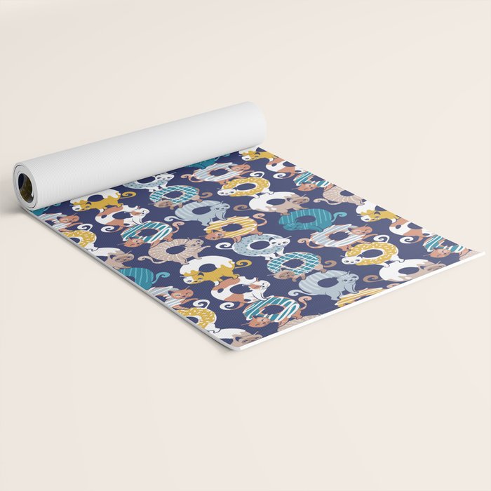 Cats Donut Care // blue background goldenrod yellow mustard, teal pastel blue and brown sweet kitties Yoga Mat Gallery Image 2