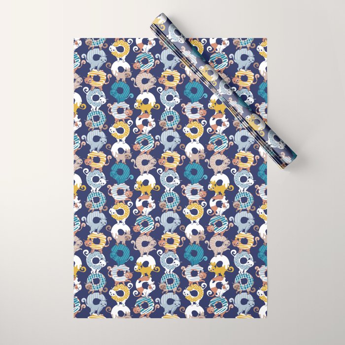Cats Donut Care // blue background goldenrod yellow mustard, teal pastel blue and brown sweet kitties Wrapping Paper Gallery Image 1