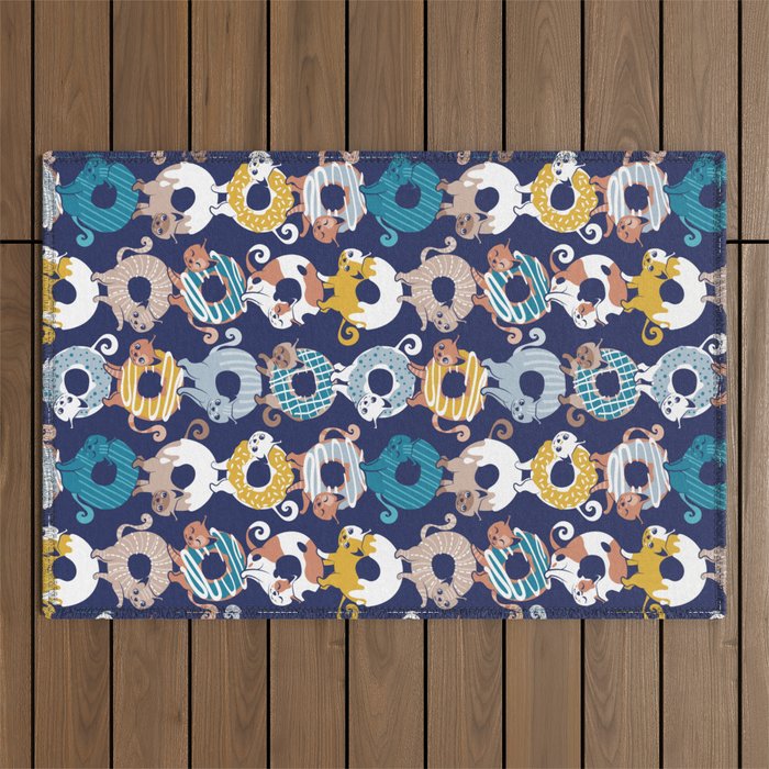Cats Donut Care // blue background goldenrod yellow mustard, teal pastel blue and brown sweet kitties Outdoor Rug Gallery Image 1