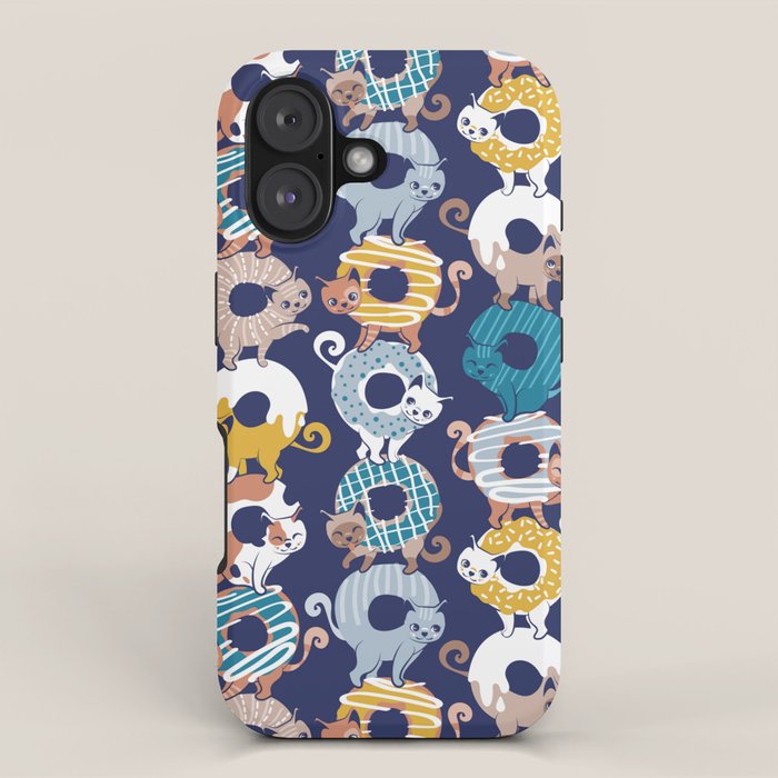 Cats Donut Care // blue background goldenrod yellow mustard, teal pastel blue and brown sweet kitties iPhone Case Gallery Image 1