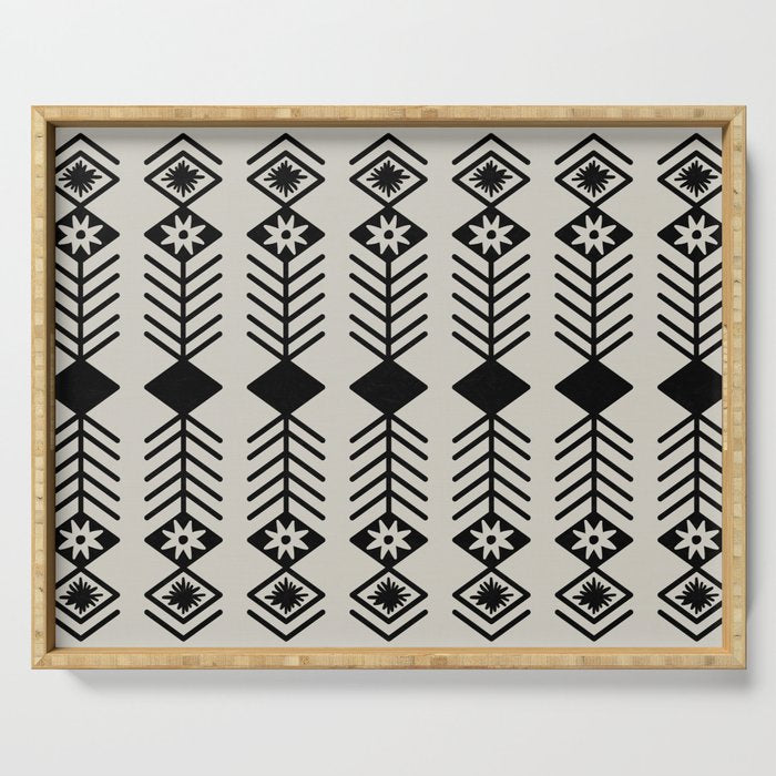 Black aztec lines and flowers on neutral Serving Tray Gallery Image 1