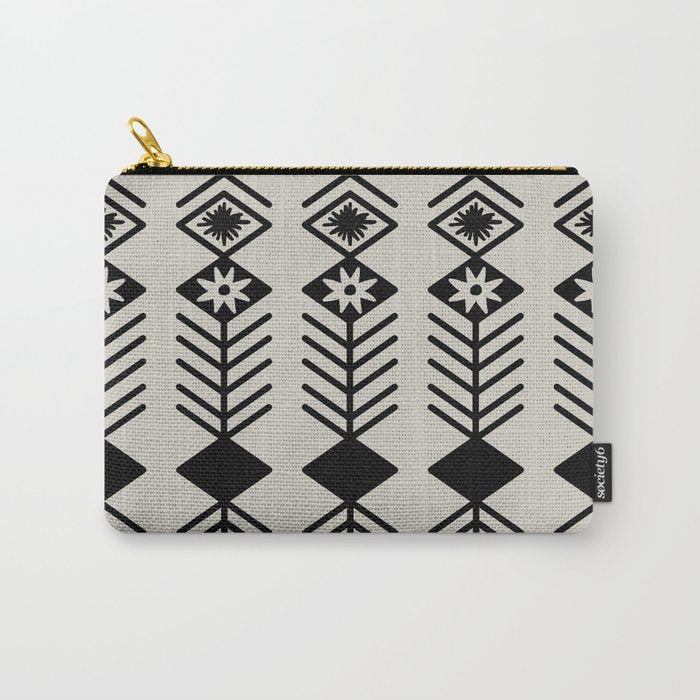 Black aztec lines and flowers on neutral Carry All Pouch Gallery Image 1