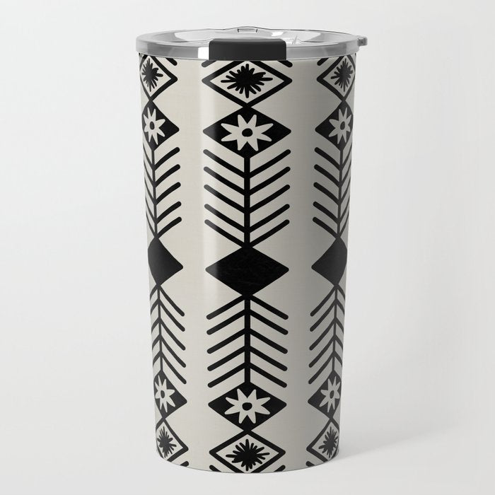 Black aztec lines and flowers on neutral Travel Mug Gallery Image 1