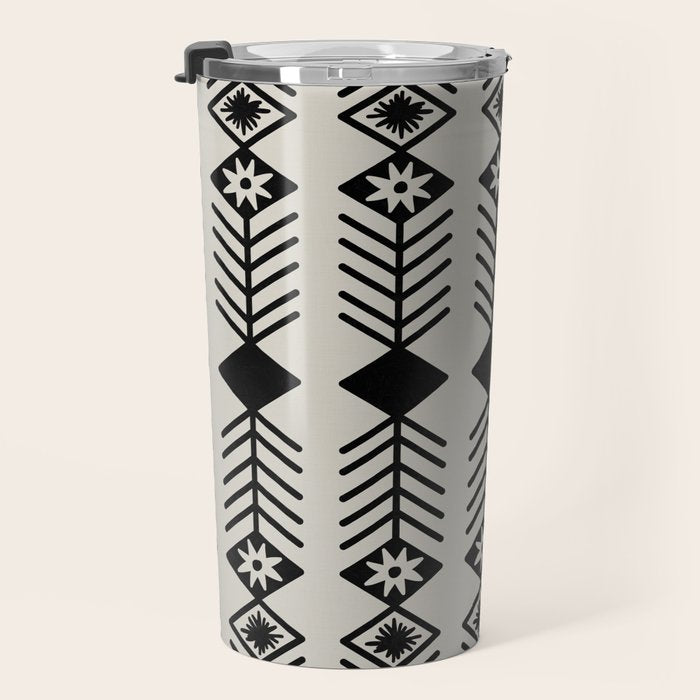 Black aztec lines and flowers on neutral Travel Mug Gallery Image 3
