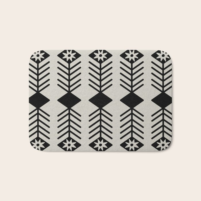 Black aztec lines and flowers on neutral Bath Mat Gallery Image 1