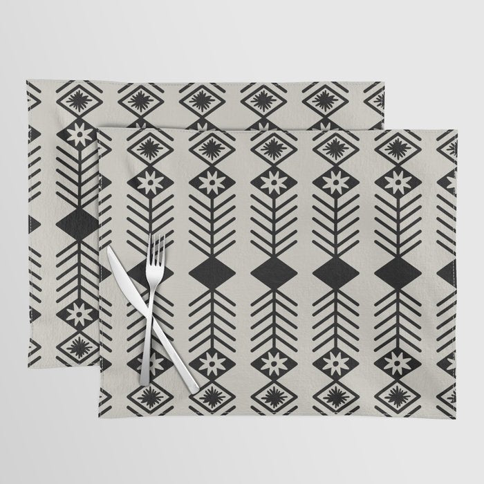 Black aztec lines and flowers on neutral Placemat Gallery Image 1