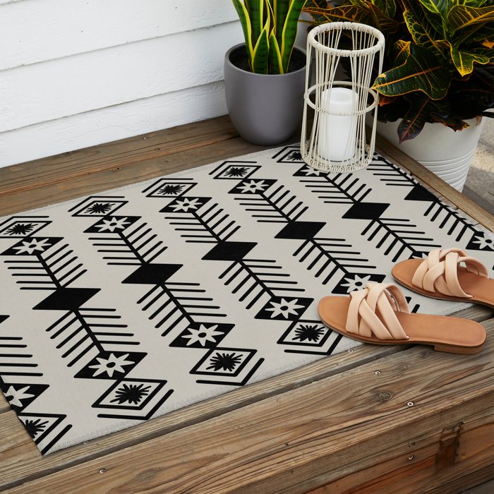 Black aztec lines and flowers on neutral Outdoor Rug Gallery Image 2
