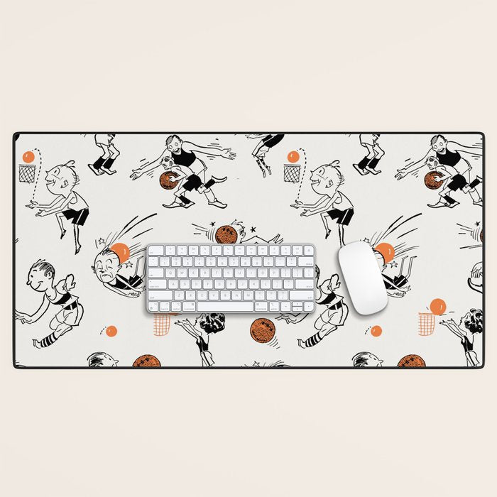 Basketball Fun Comic Illustration Pattern with Balls on Grey Background Desk Mat Gallery Image 1