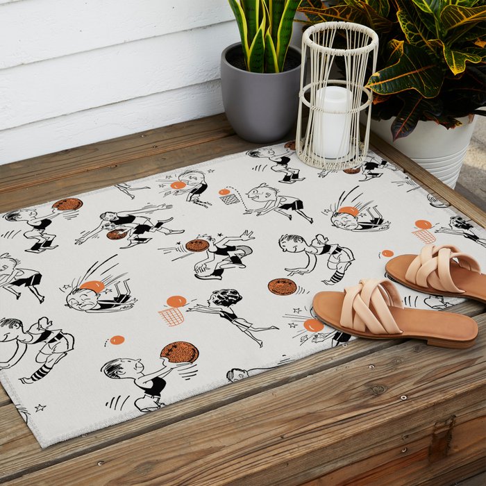 Basketball Fun Comic Illustration Pattern with Balls on Grey Background Outdoor Rug Gallery Image 2