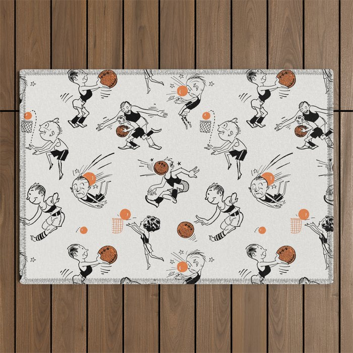 Basketball Fun Comic Illustration Pattern with Balls on Grey Background Outdoor Rug Gallery Image 1