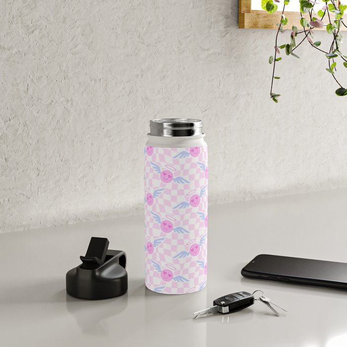 Pink love heart face checkered pattern Water Bottle Gallery Image 4