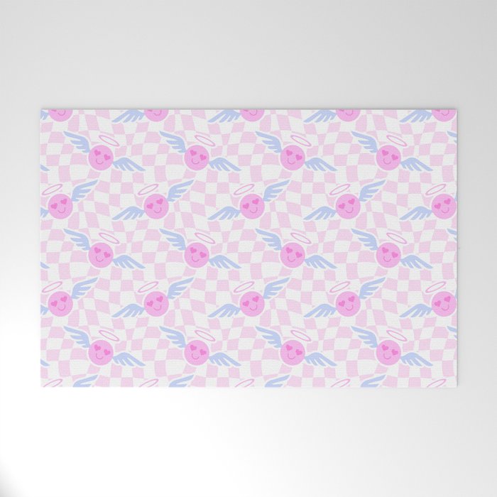 Pink love heart face checkered pattern Welcome Mat Gallery Image 1